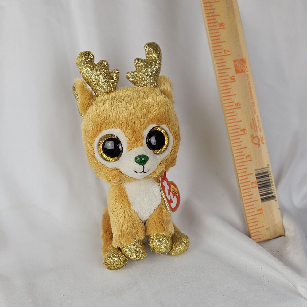 2018 Holiday Ty Beanie Boos GLITZY the Gold Plush Sparkly Reindeer Medium 8"